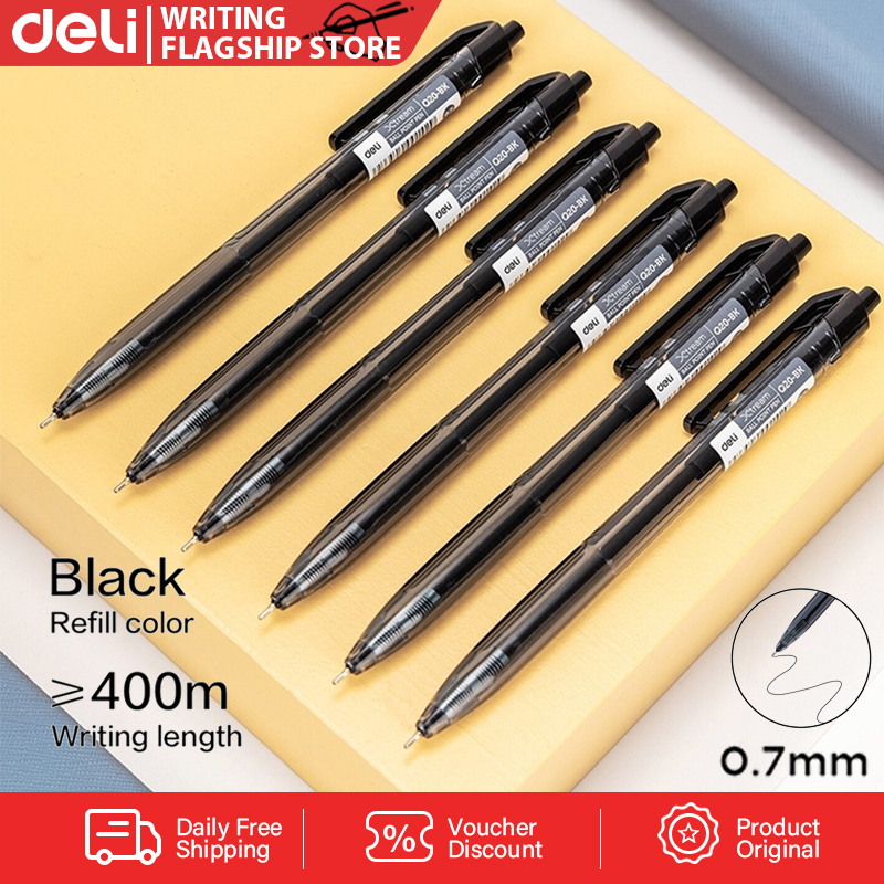 Deli Ballpen 0.7mm Black Press Ballpoint Pen Student Writing Stationery ...