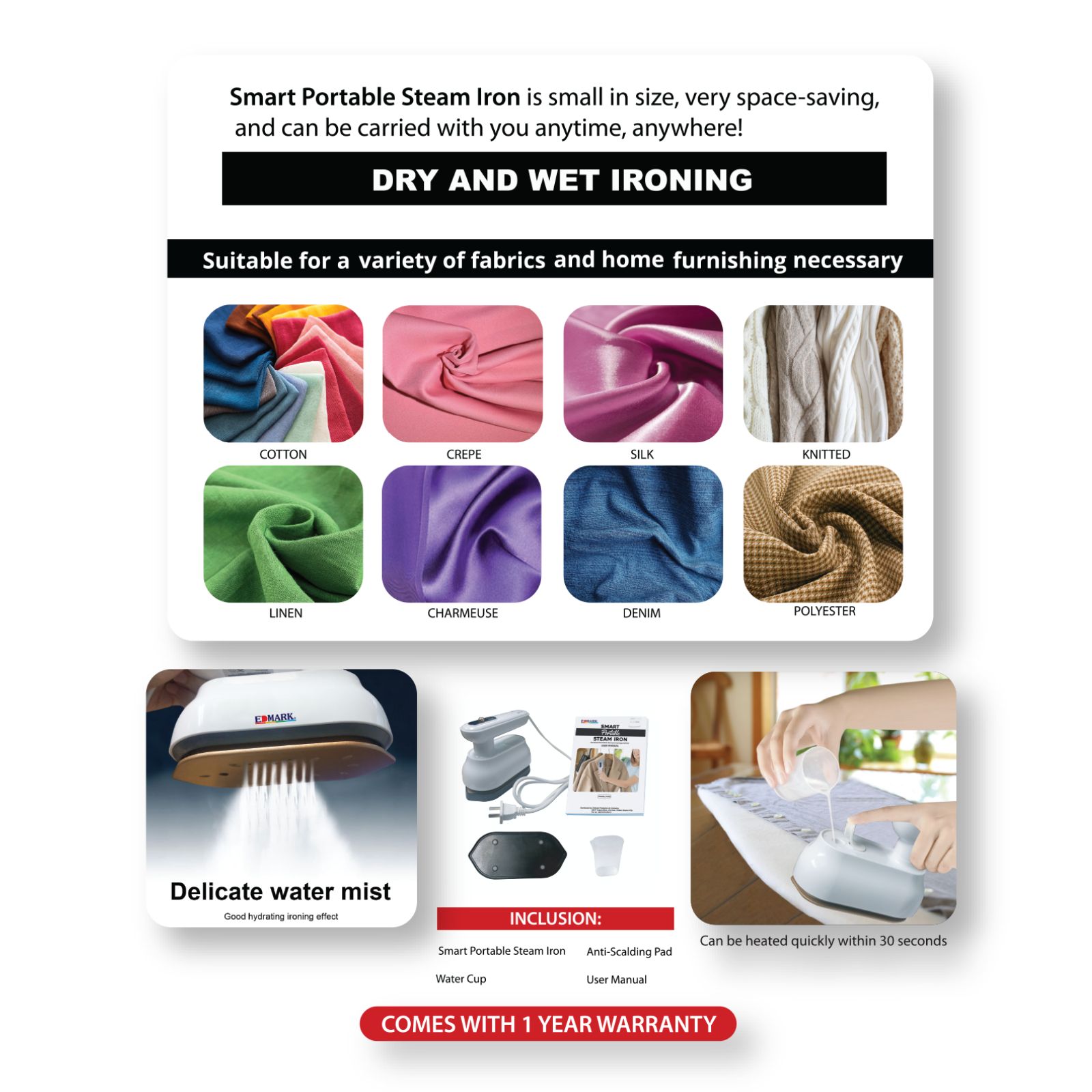 Edmark Smart Portable Steam Iron-Handheld Rotatable (180degrees ...