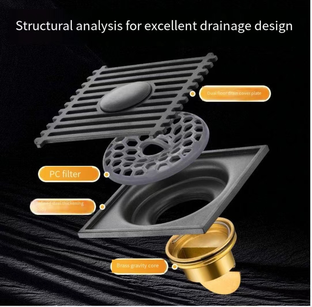 COD 4"*4"Elegant gun gray Floor Drains Stainless Steel SUS304 Shower Drainer Bathroom Waste ...