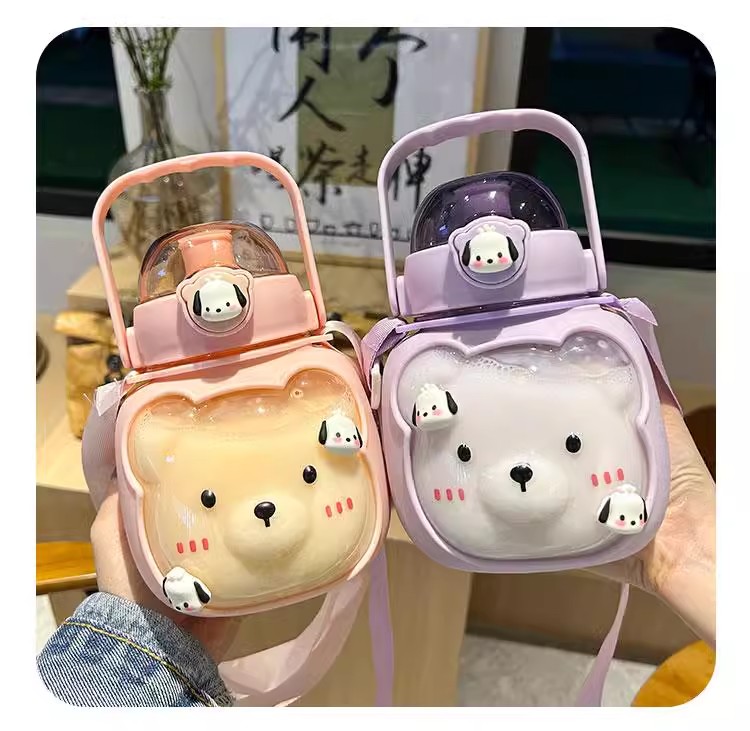 1000ml Cute Bear Water bottle with straw for kids Cartoon Travel Straw ...