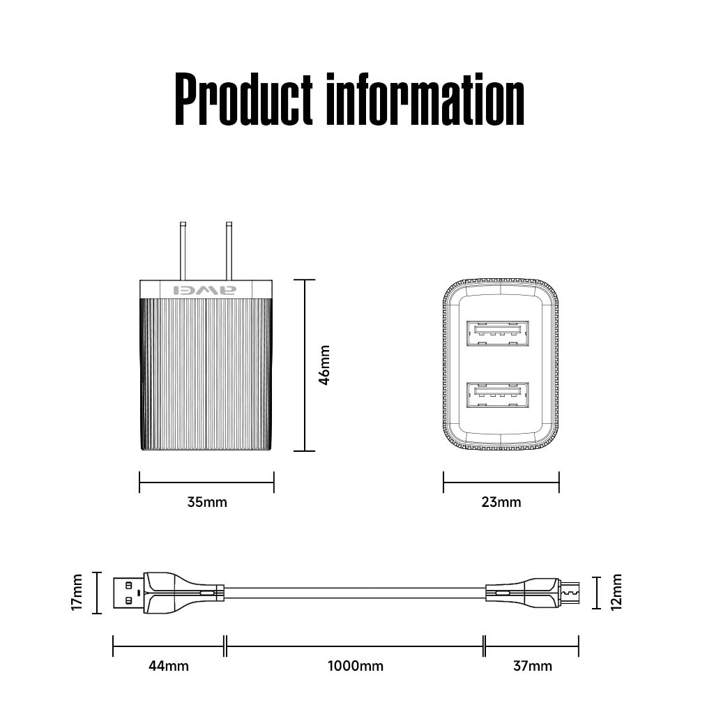 Awei C15M-US 10W Wall Charger Dual USB Port Quick Charge with Micro ...