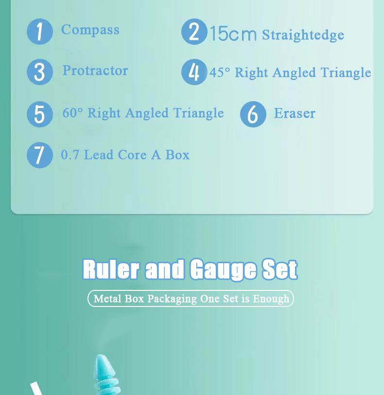 7PCs Compass Ruler Learning Stationery with Metal Box Triangle Ruler ...