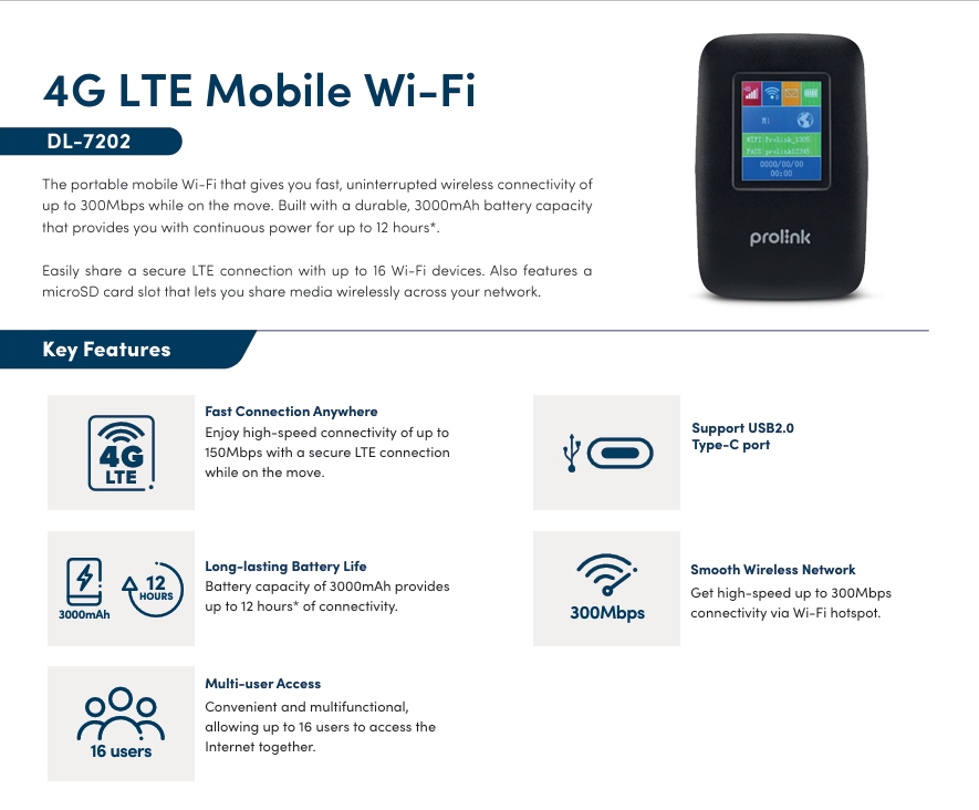 Prolink DL-7202 4G LTE Advanced Mobile Wi-Fi | Openline Pocket WiFi ...