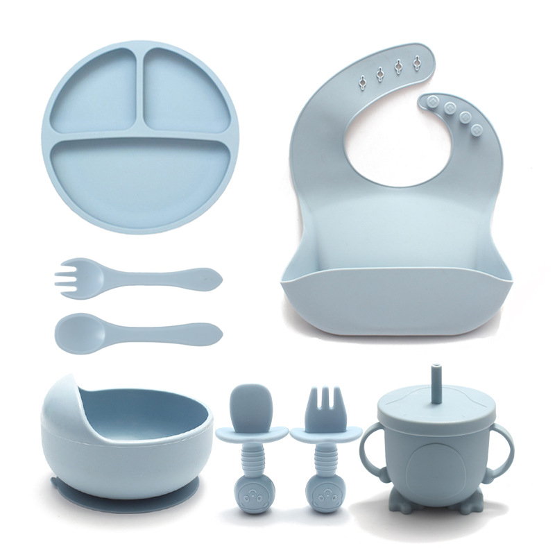 8PCS Baby Feeding Set Silicone Baby Plate Set Infant Silicon Bib