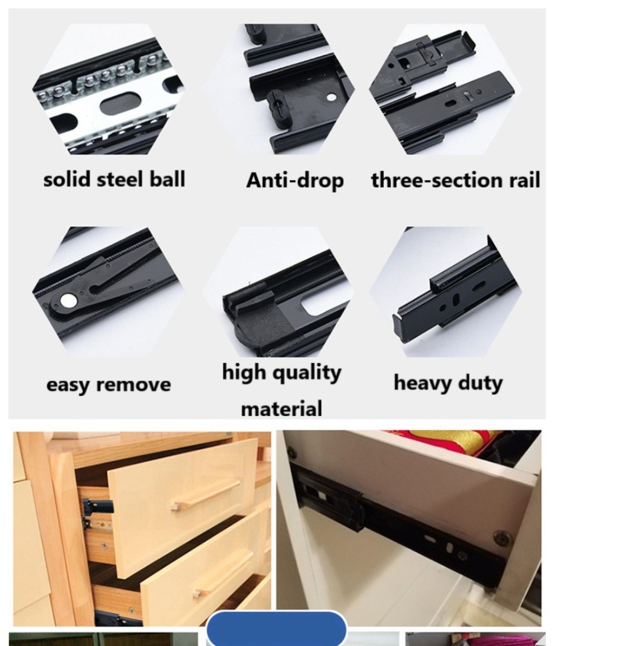 Drawer Guide Full Extension Ball Bearing Heavy Duty Steel Slide 3 Fold ...