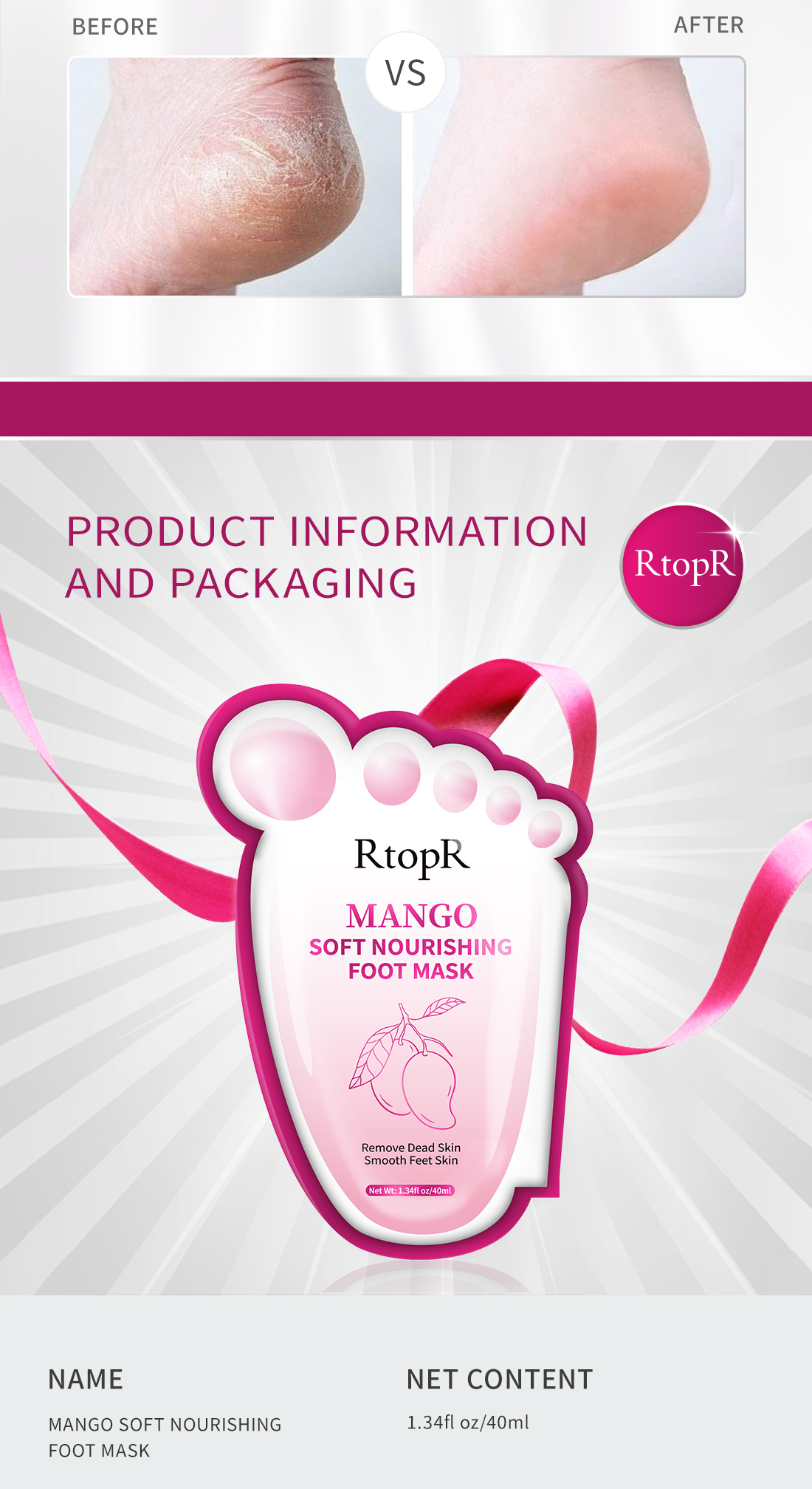RtopR Mango Foot Mask Whitening Moisturizing Exfoliating Remove Dead ...