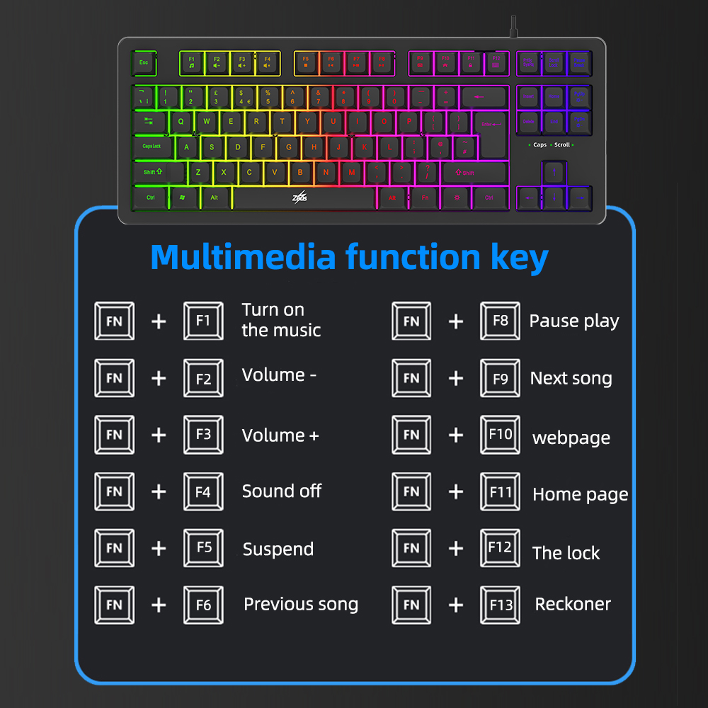 Zeus K-123 Rainbow LED 87 Keys Gaming Keyboard Multi-Media Online ...