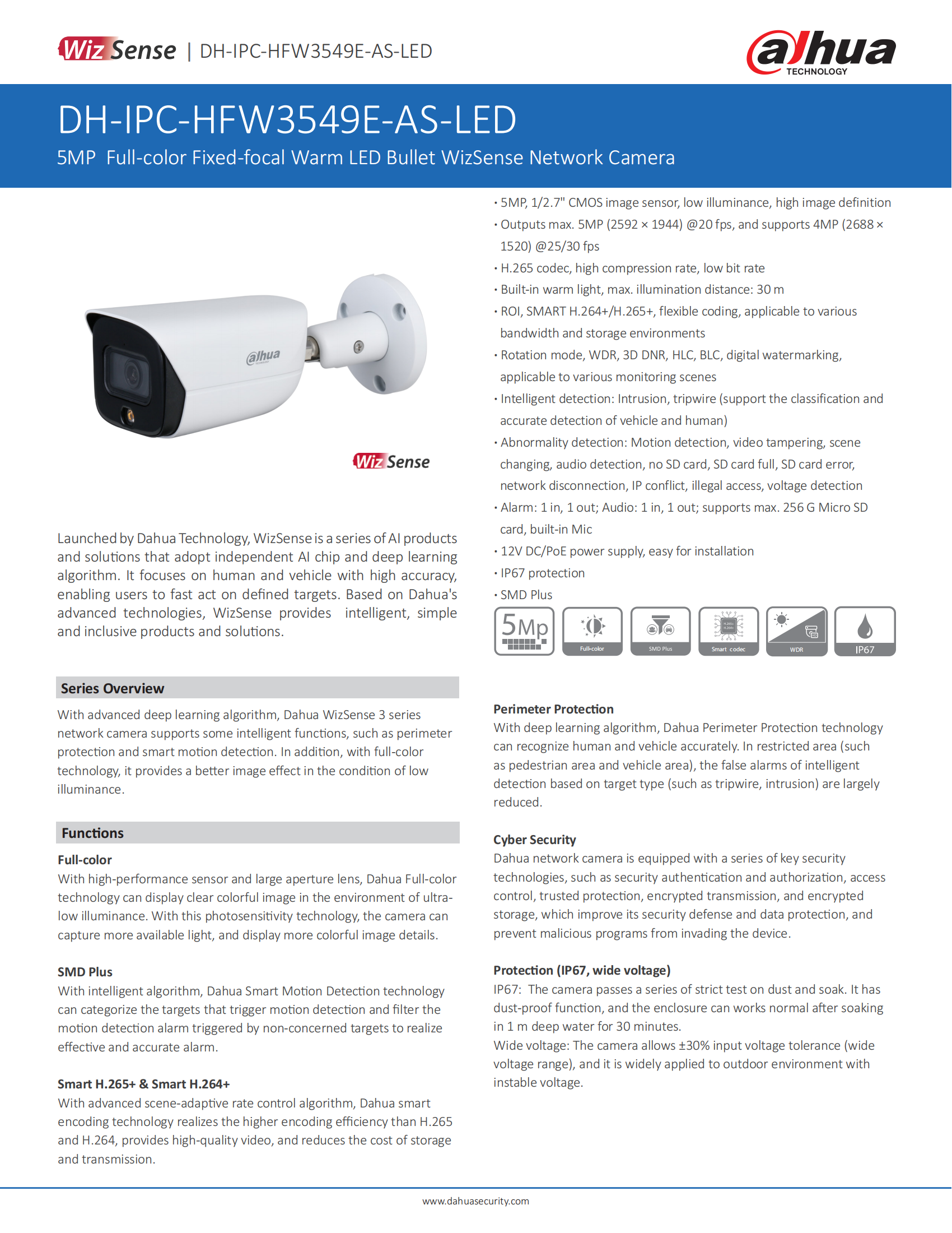 Dahua 5MP CCTV IP camera Full color Fixedfocal Bullet WizSense Network