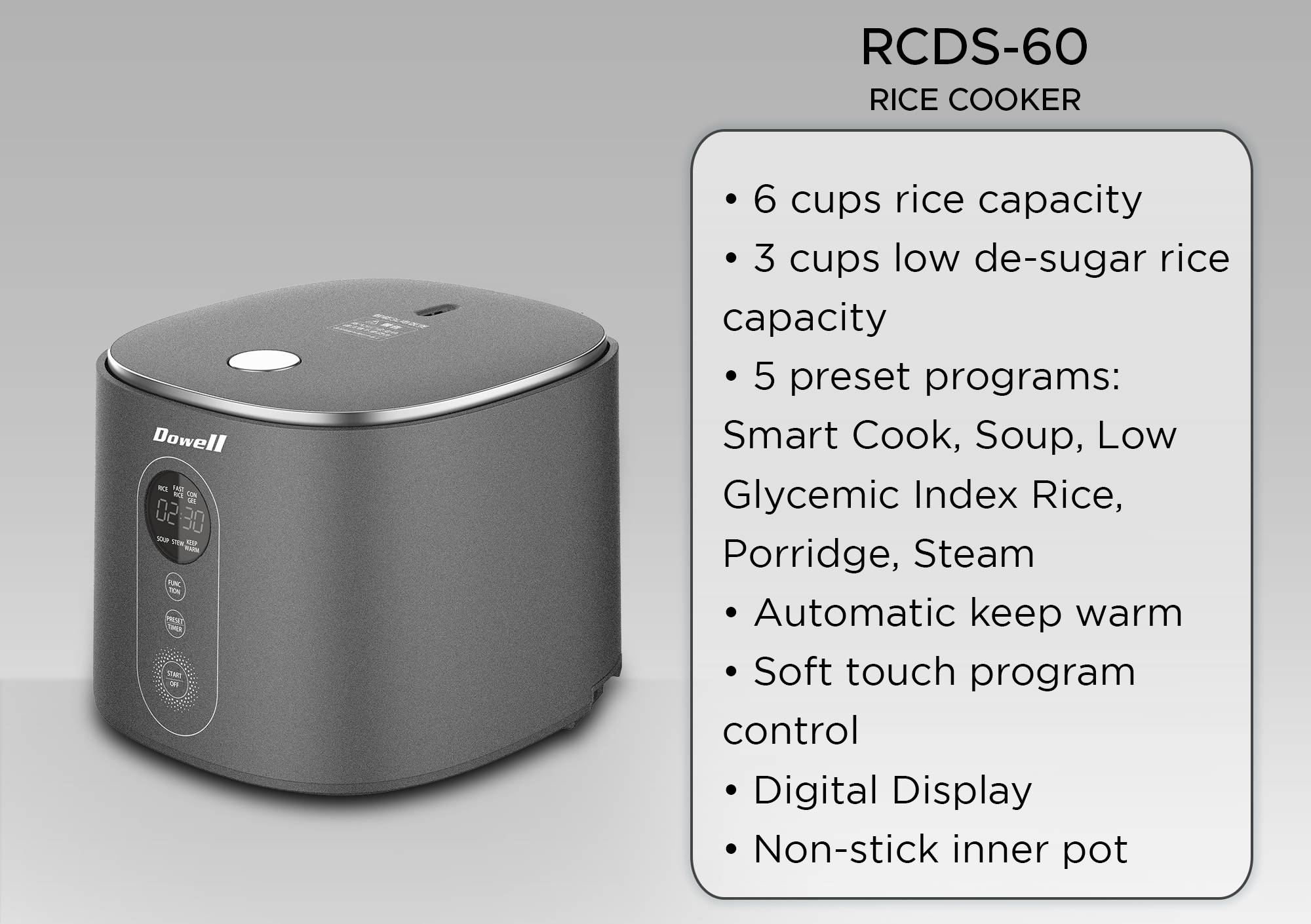Dowell 6 Cups Digital Low Carb Rice Cooker | RCDS-60 | Shopee Philippines