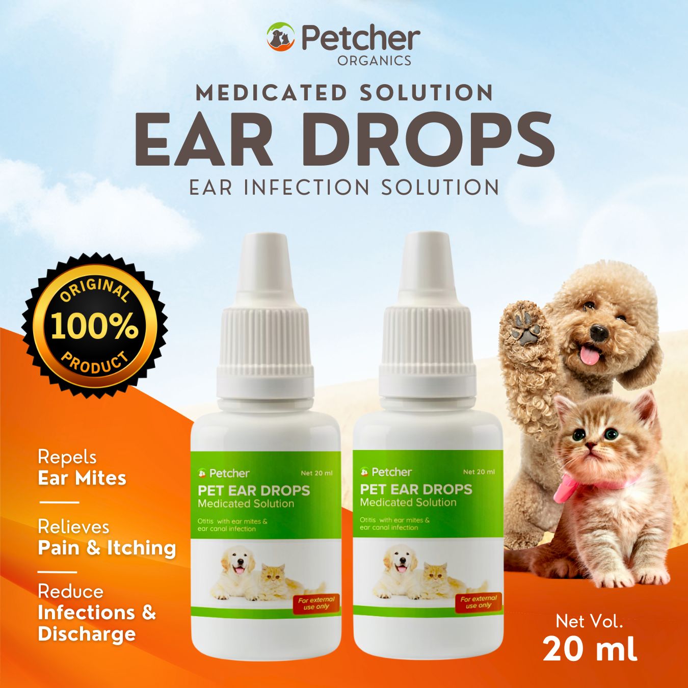 Petcher Organics Pet Ear Drops 20ml Ear Mites Odor Removal and Itching