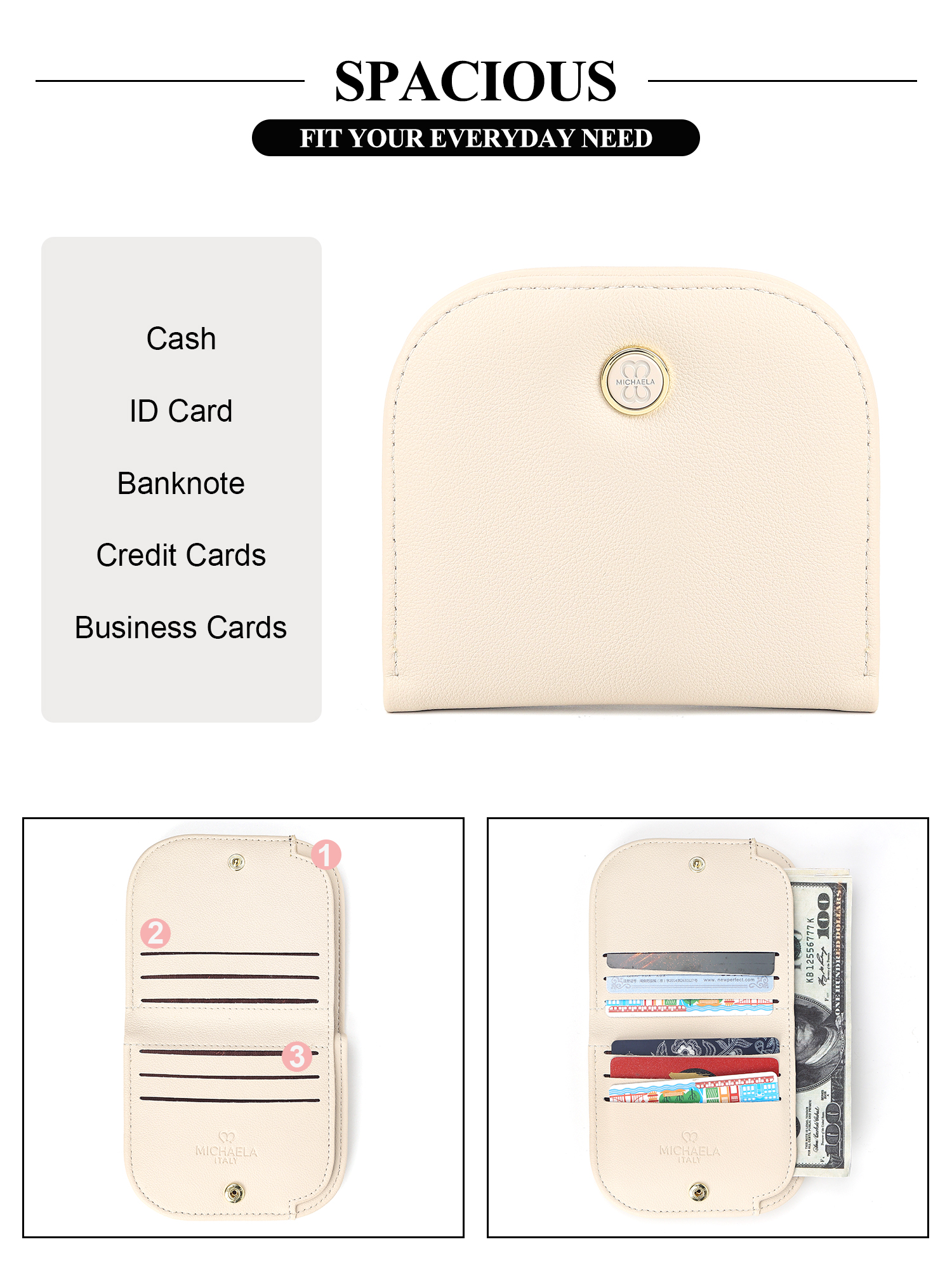MICHAELA Bifold Short Wallet with 6 Card Holders Chic Rounded Edges ...