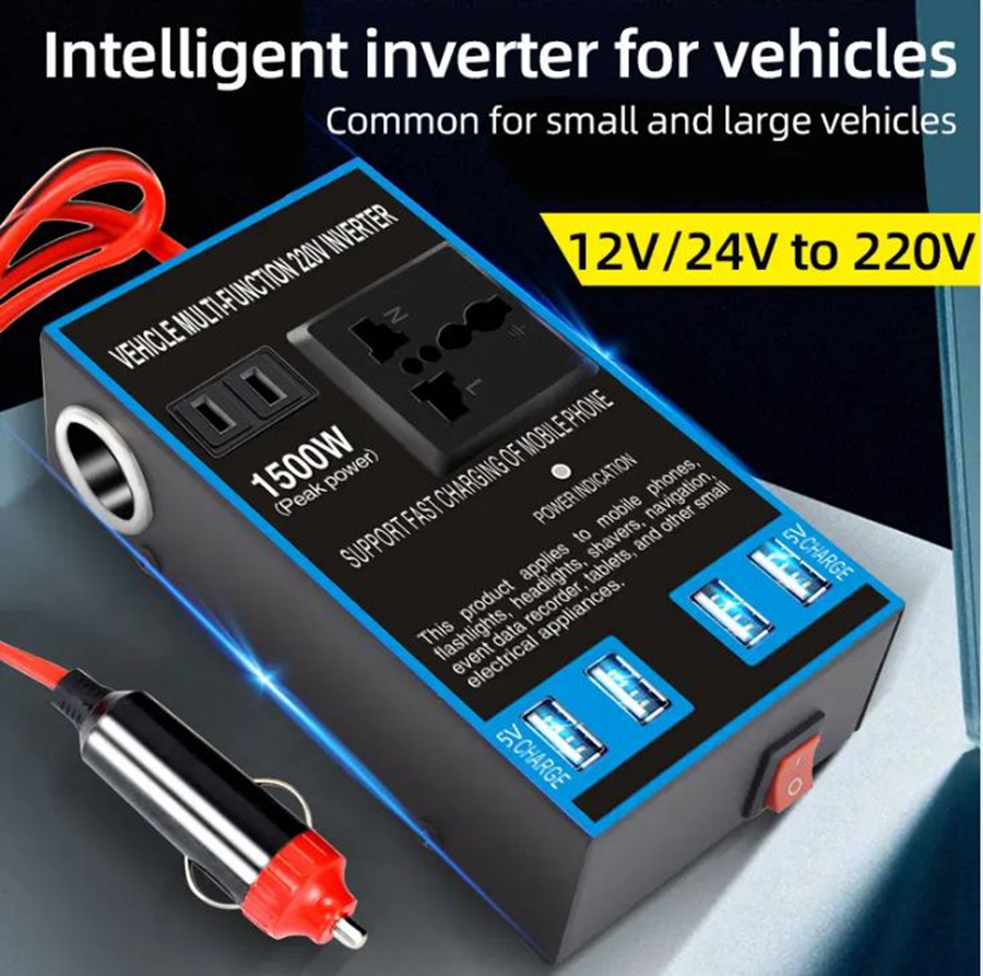 1500W Multi-function Vehicle Power Inverter 4 USB Port 2 AC Socket DC ...