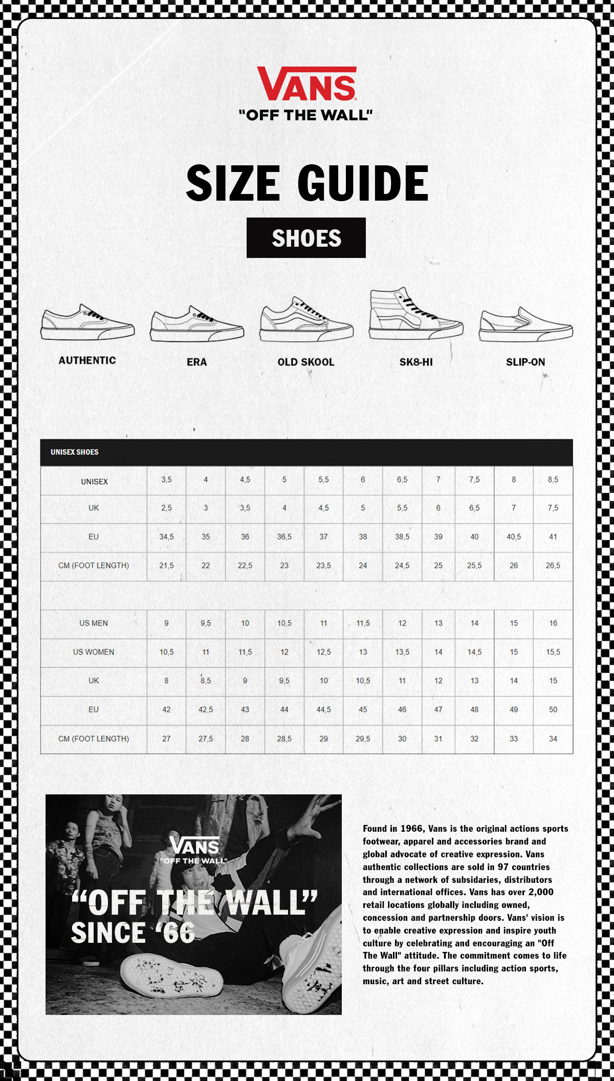Vans slip on size chart sales