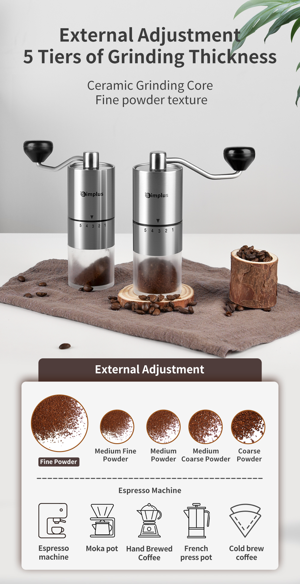 Simplus Manual Coffee Grinder Ceramic Grinding Wick Coffee Bean Grinder ...