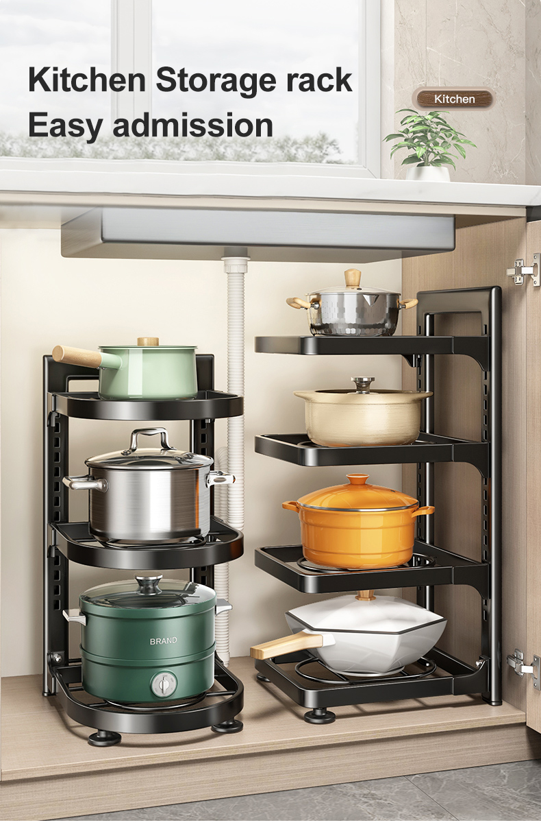 Kitchen Pan Organizer 2-4 Layer Pot Rack Adjustable Under Sink Caserole ...