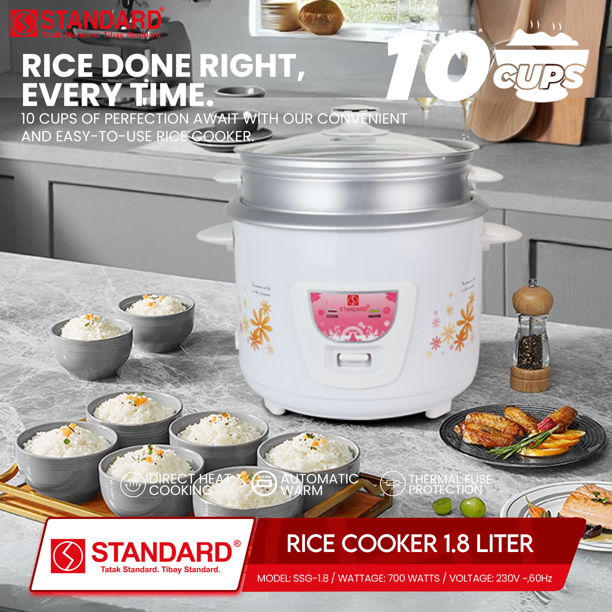 STANDARD Rice Cooker 1.8 Liters 10 Cups 700w - Yellow Elephant | Shopee ...