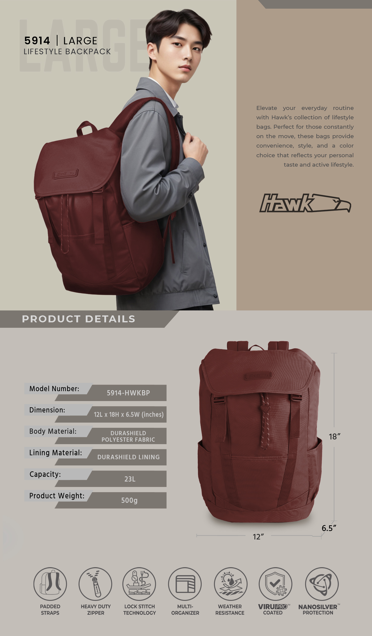 Hawk 5914 LARGE Lifestyle Backpack with VIRUPRO Anti Microbial Protection Shopee Philippines