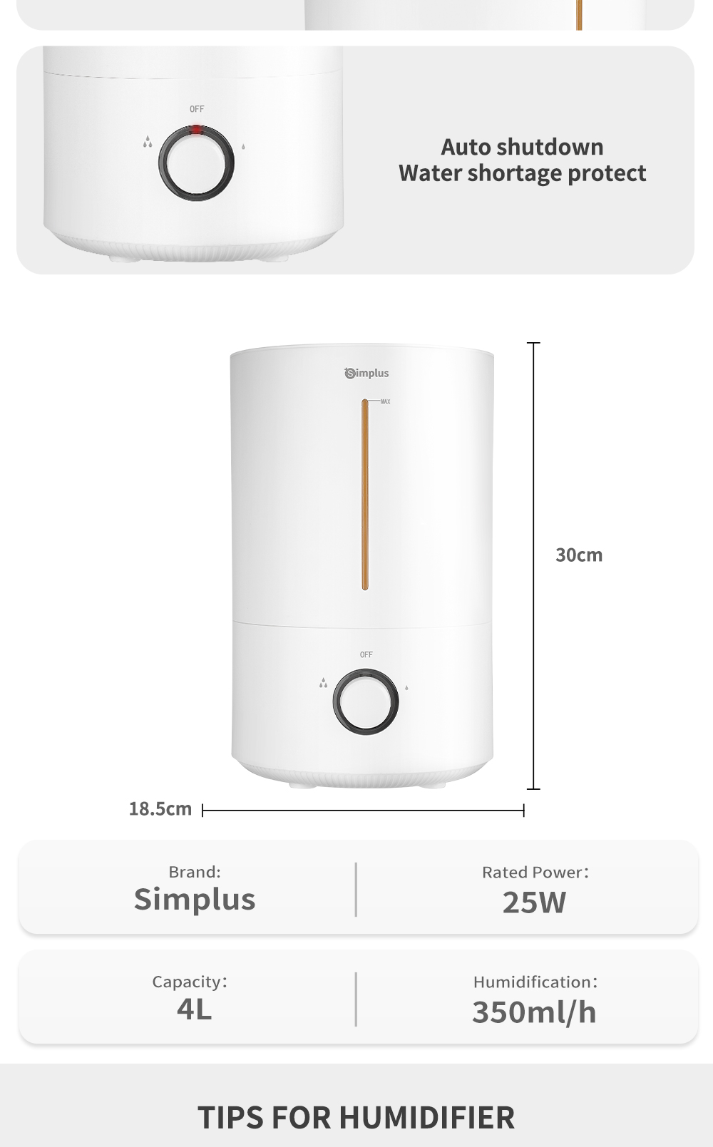 Simplus Humidifier 4L Capacity (350ml/h Humidification) JASH002 ...