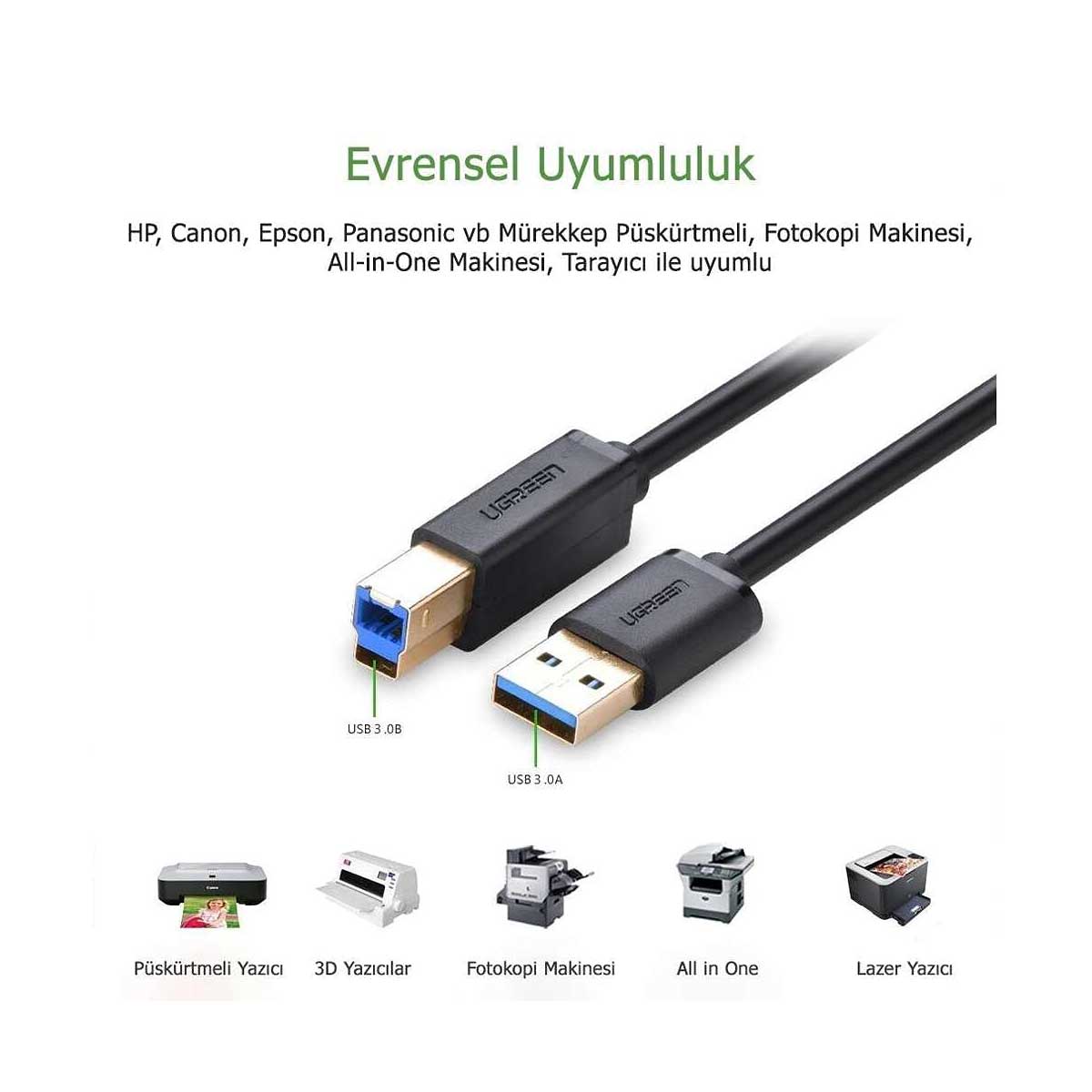 UGreen USB 3.0 AM To BM Data Cable - 2M (Black) (US210/10372) | Shopee ...