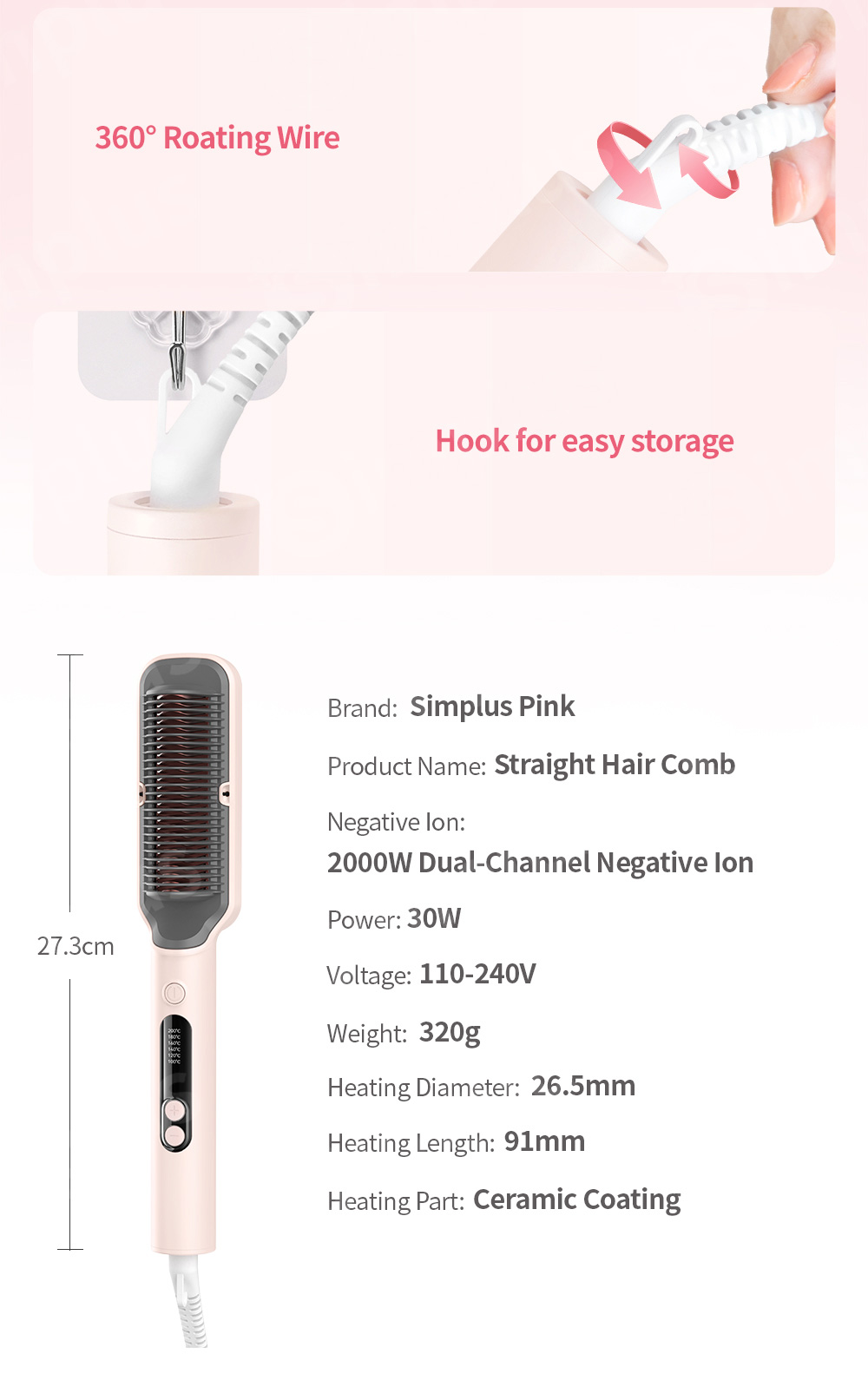 Simplus Hair Straightener Brush Comb Negative Ion Hair Brush Hair ...