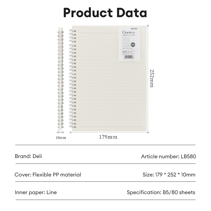 Deli LB580 B5 Spiral Notebook 80 Sheets Student Writing Stationery Line ...