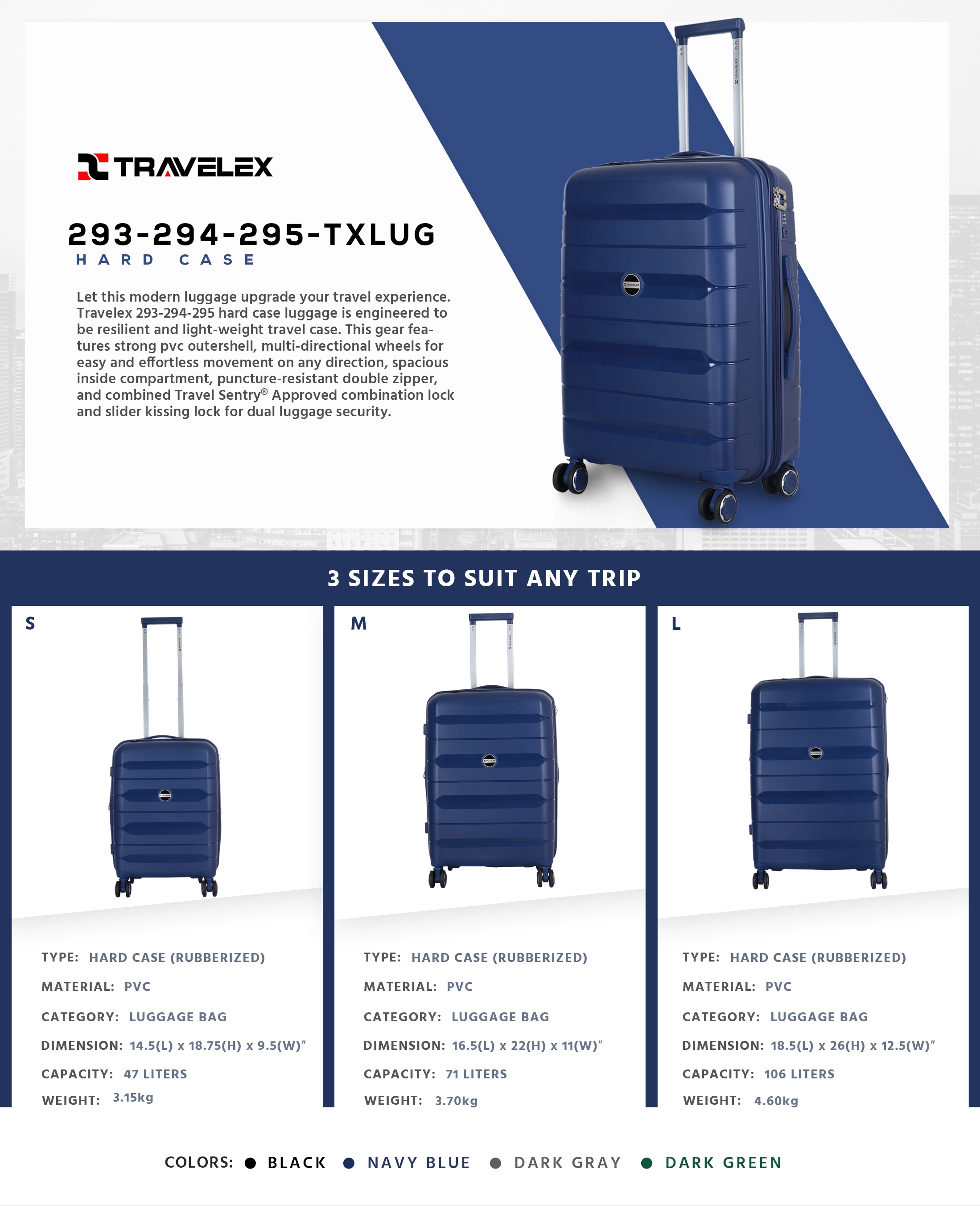 TRAVELEX 293-294-295 Hard Case Luggage (Set: Small Medium