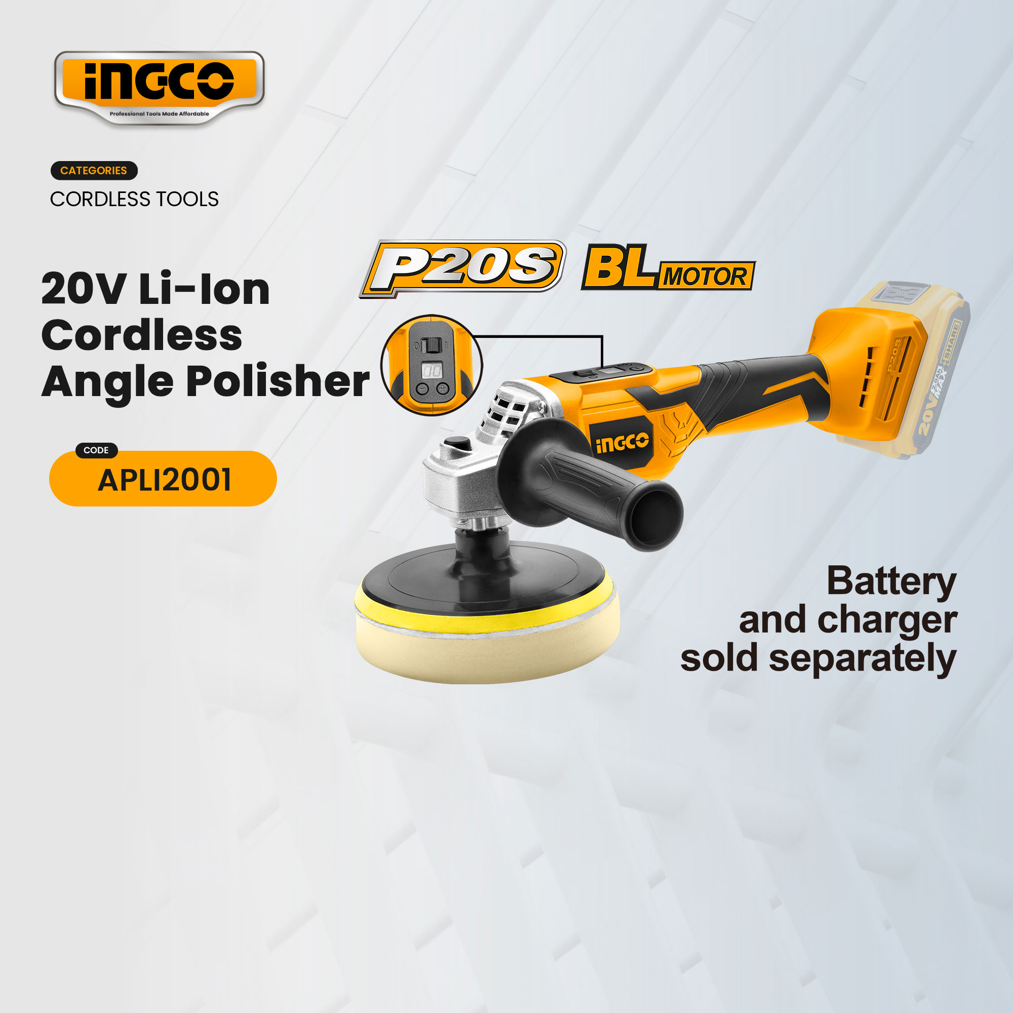 Ingco 20V P20S Lithium-Ion Cordless Angle Polisher Buffing Machine ...