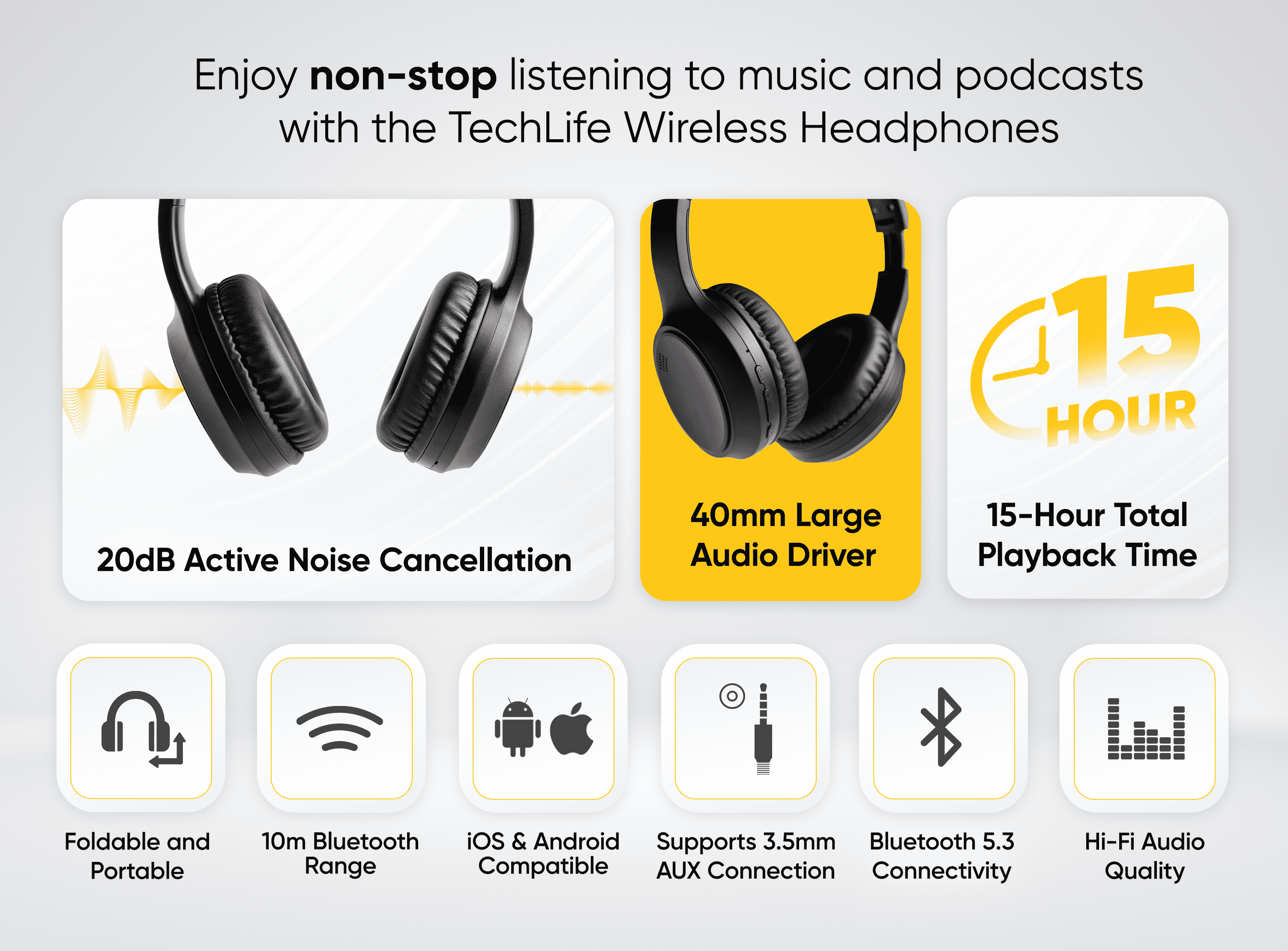 TechLife Wireless Headphones | Active Noise Cancellation | 15-Hour ...