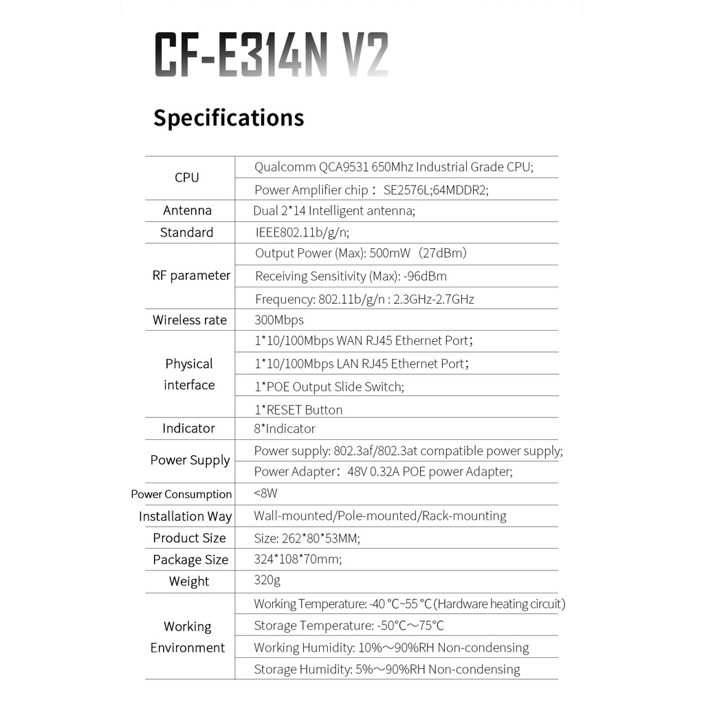 COMFAST CF-E314N V2 300Mbps Wireless Outdoor CPE Bridge 2.4Ghz Dual ...