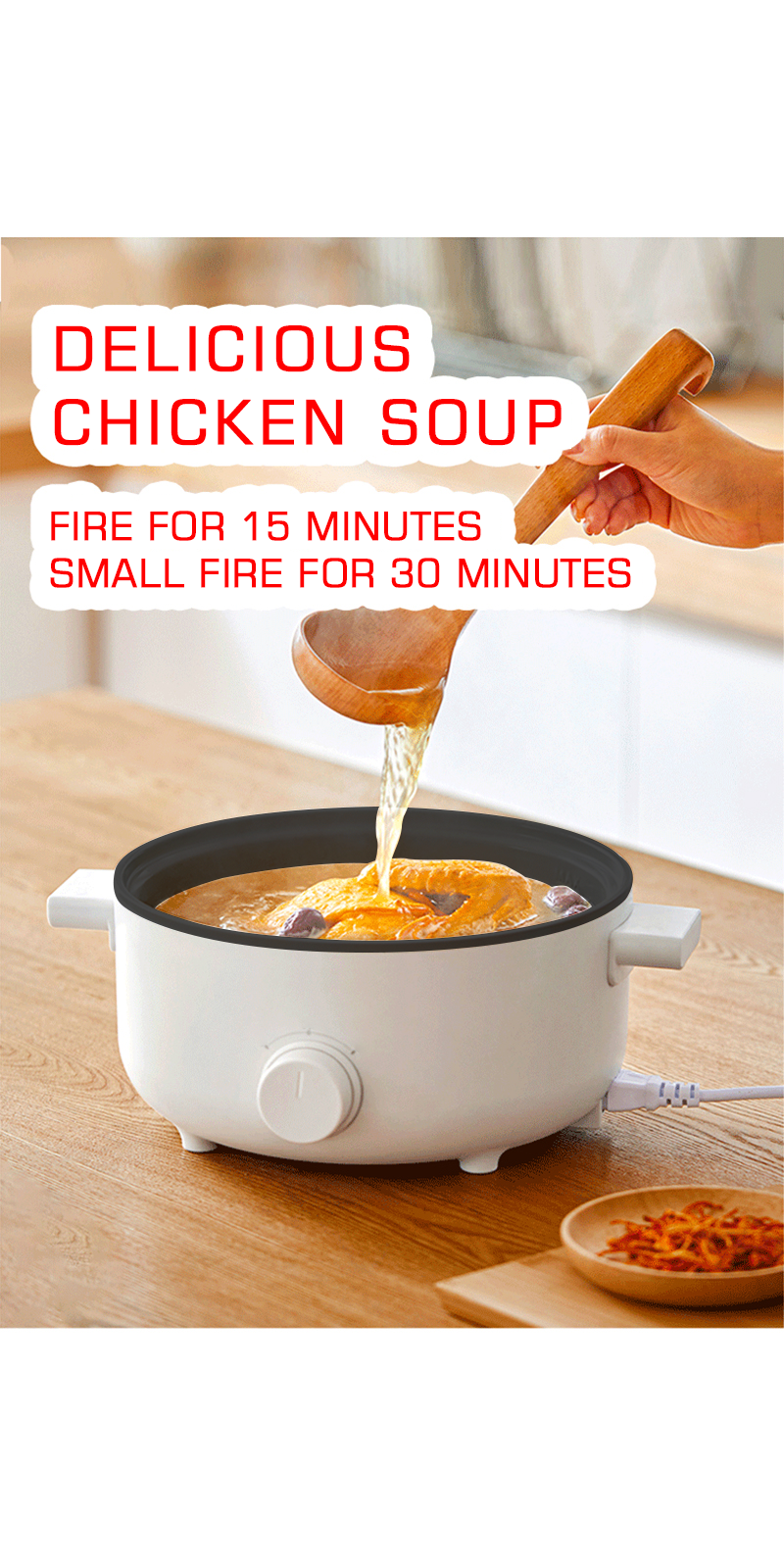 Electric Multi Cooker Pot Non-Stick Round Skillet Home 3L Fast Heating ...
