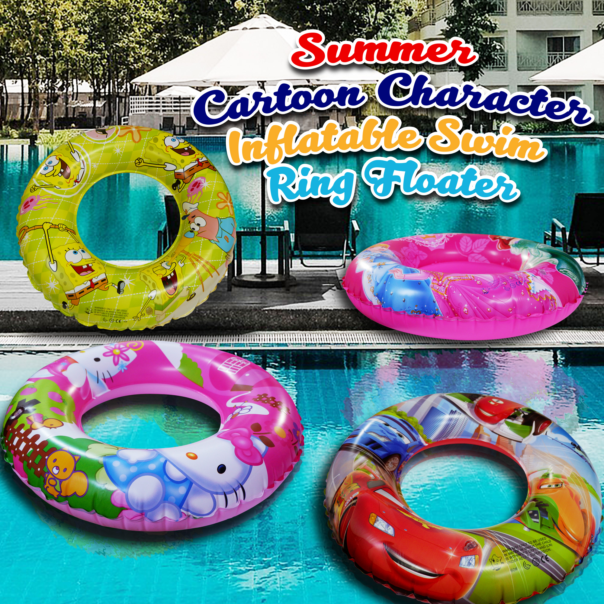 20 Inches Inflatable Cartoon Character Swim Ring Floater for Kids Boys ...