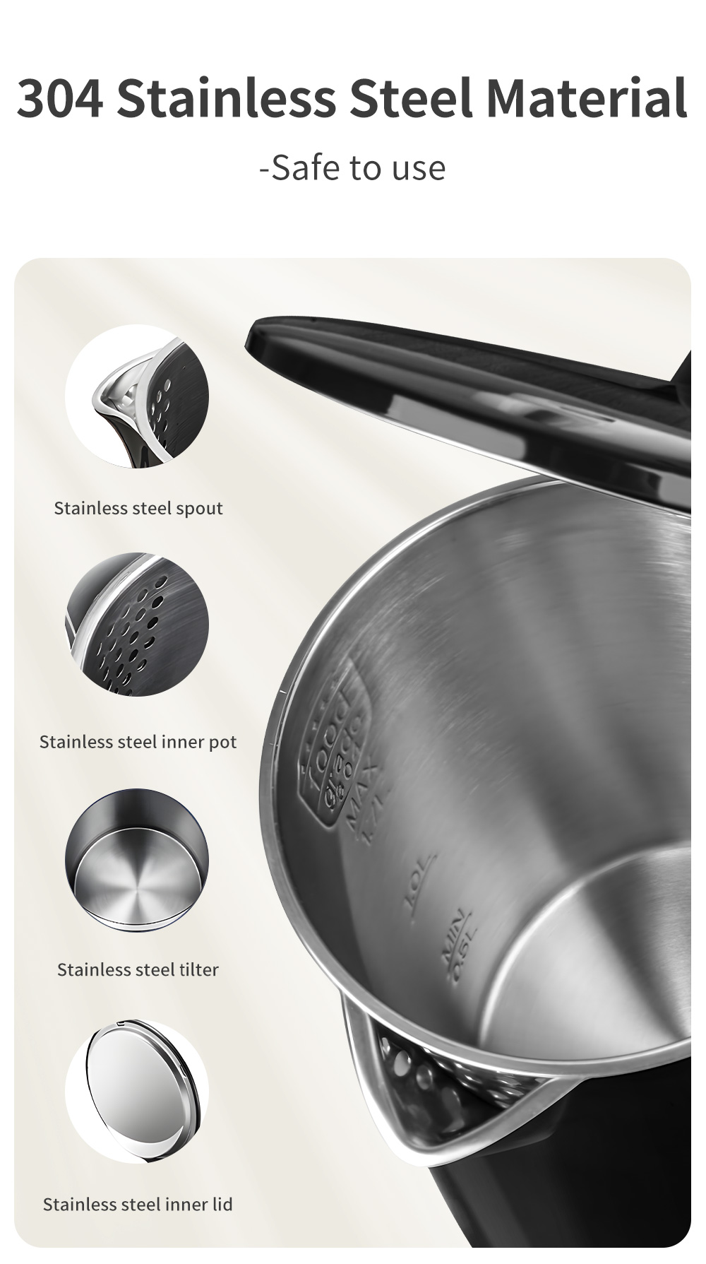 Simplus Electric Kettle 304 Stainless Steel 1500W Fast Heating Anti-Dry ...