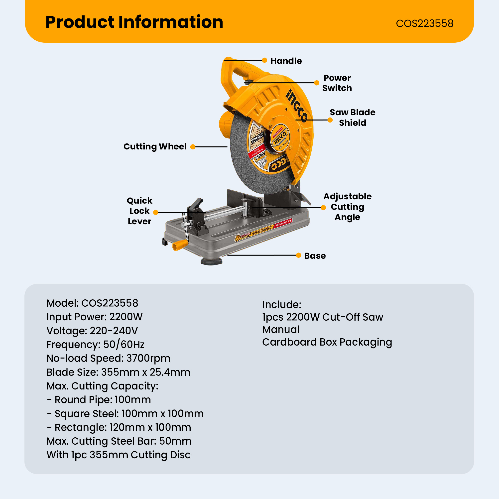 Ingco 2200W Cut-Off Saw With 1pcs 355mm Cutting Disc Cutoff Machine ...