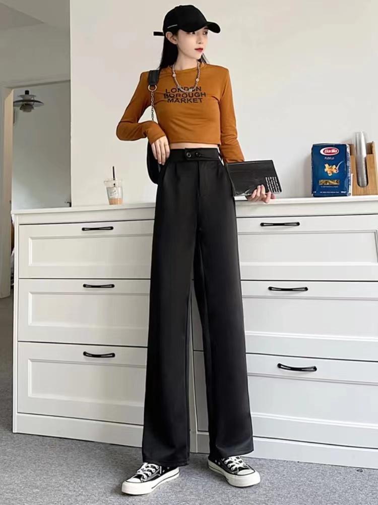 Fashionhouse1 Suit pants high waist slimming elastic waist vertical leg pants  women's trousers fit 25 to28