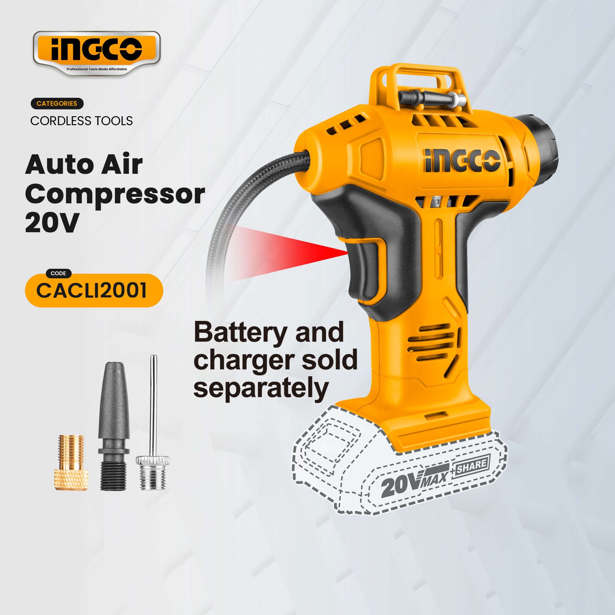 Ingco 20V P20S Lithium-Ion Cordless Auto Air Compressor Tire Inflator ...