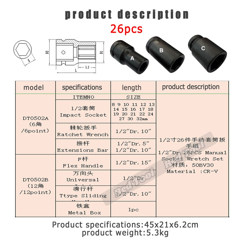 COD 1/2 inch drive metric impact socket kit, 26PCS metric size 8-32MM ...