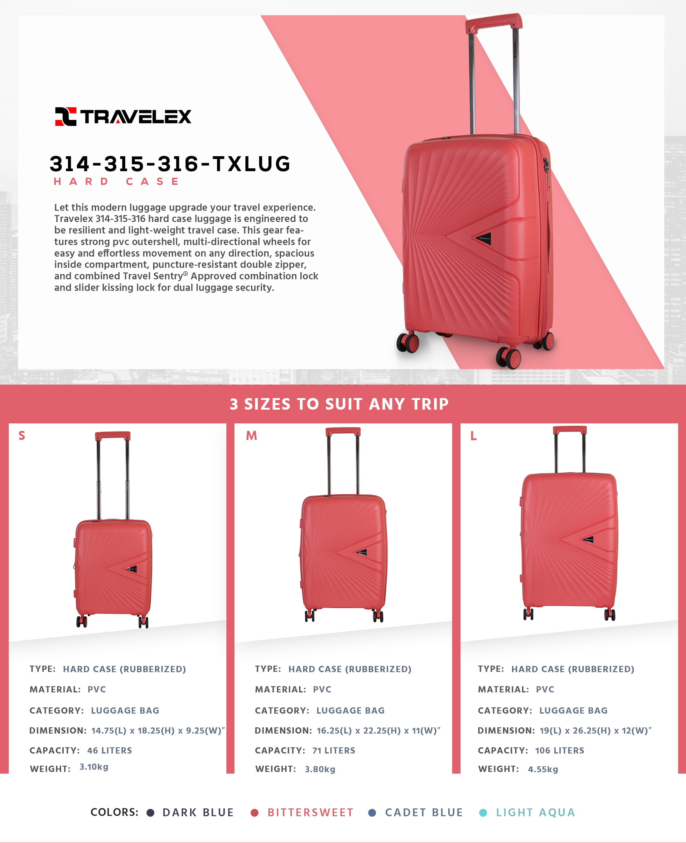 TRAVELEX 314-315-316 Hard Case Luggage (Small to Large) Shopee