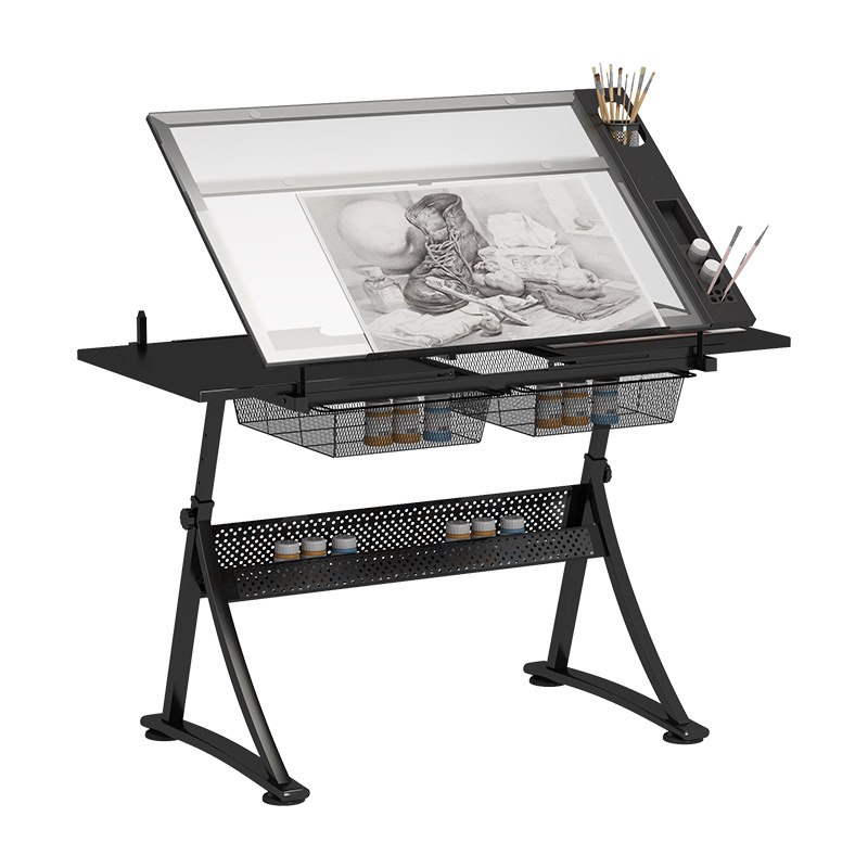 Glass Drawing TableHeight Adjustable Drawing Table with Drawer Stool ...