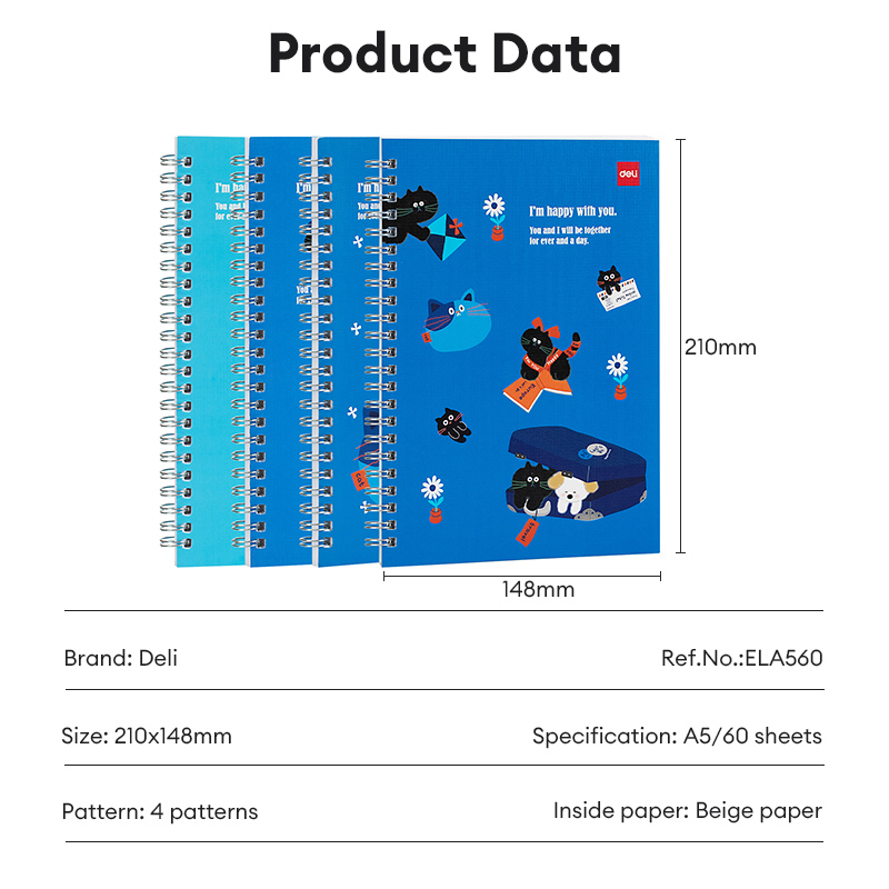 Deli A5 Spiral Notebooks 60Sheets Student Writing Book School Supplies ...