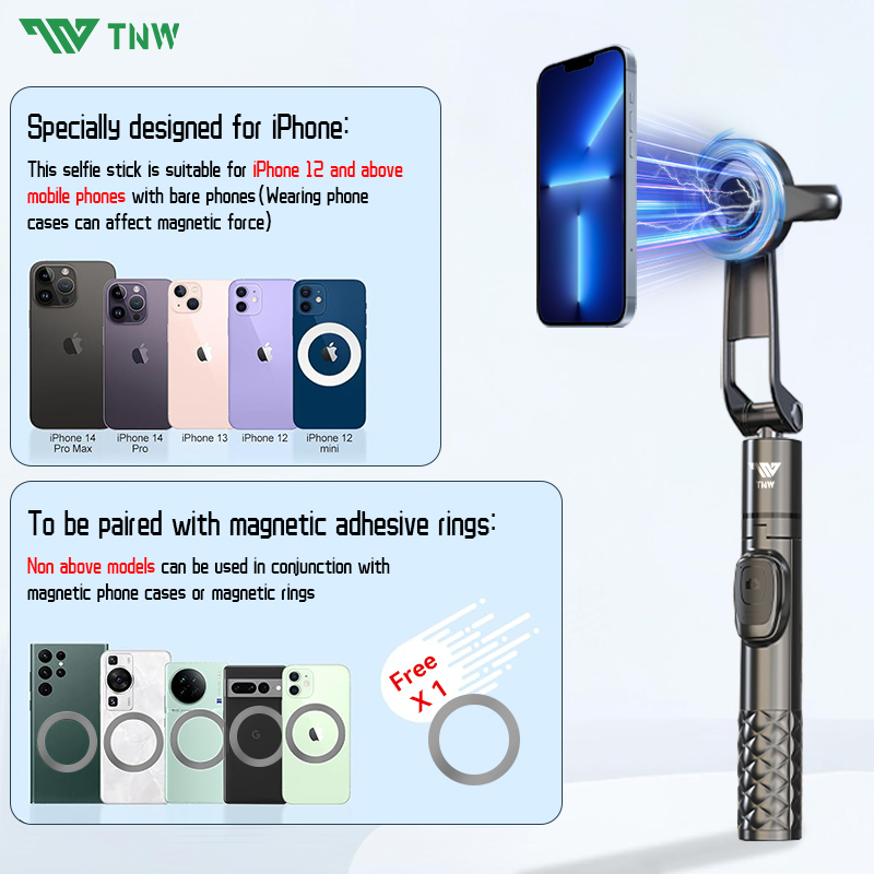 TNW T14 Magnetic Selfie Stick Magsafe Tripod Handheld Fold Stabilizer ...