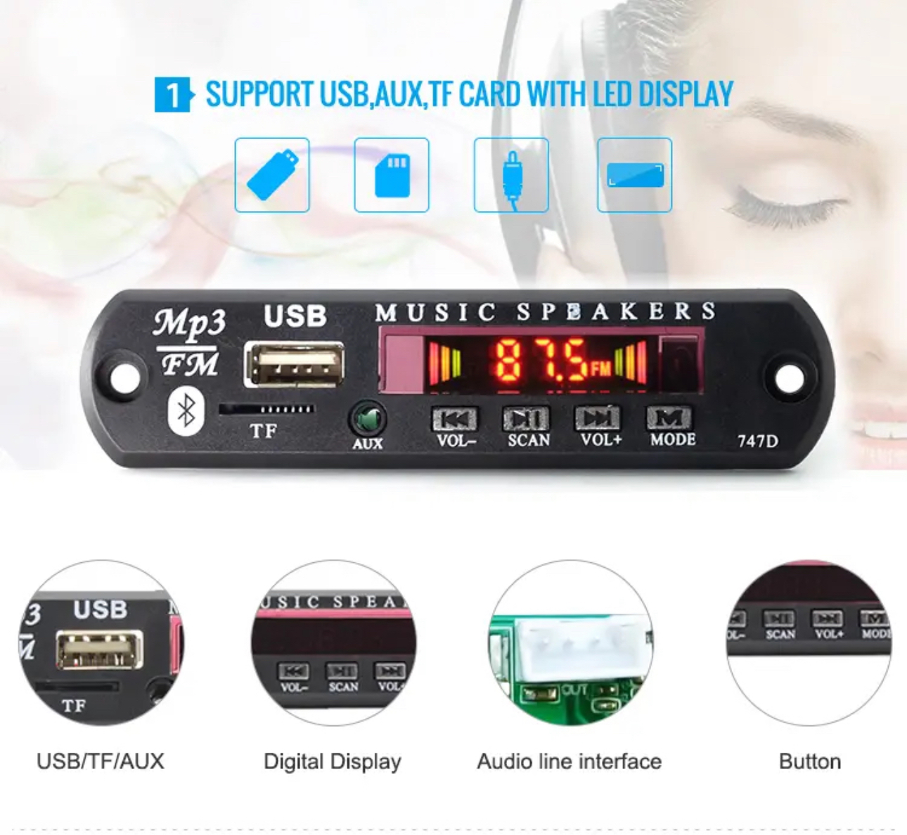 Car Audio Player Module MP3 Decoder Board Bluetooth amplifier DC 5V 12V ...