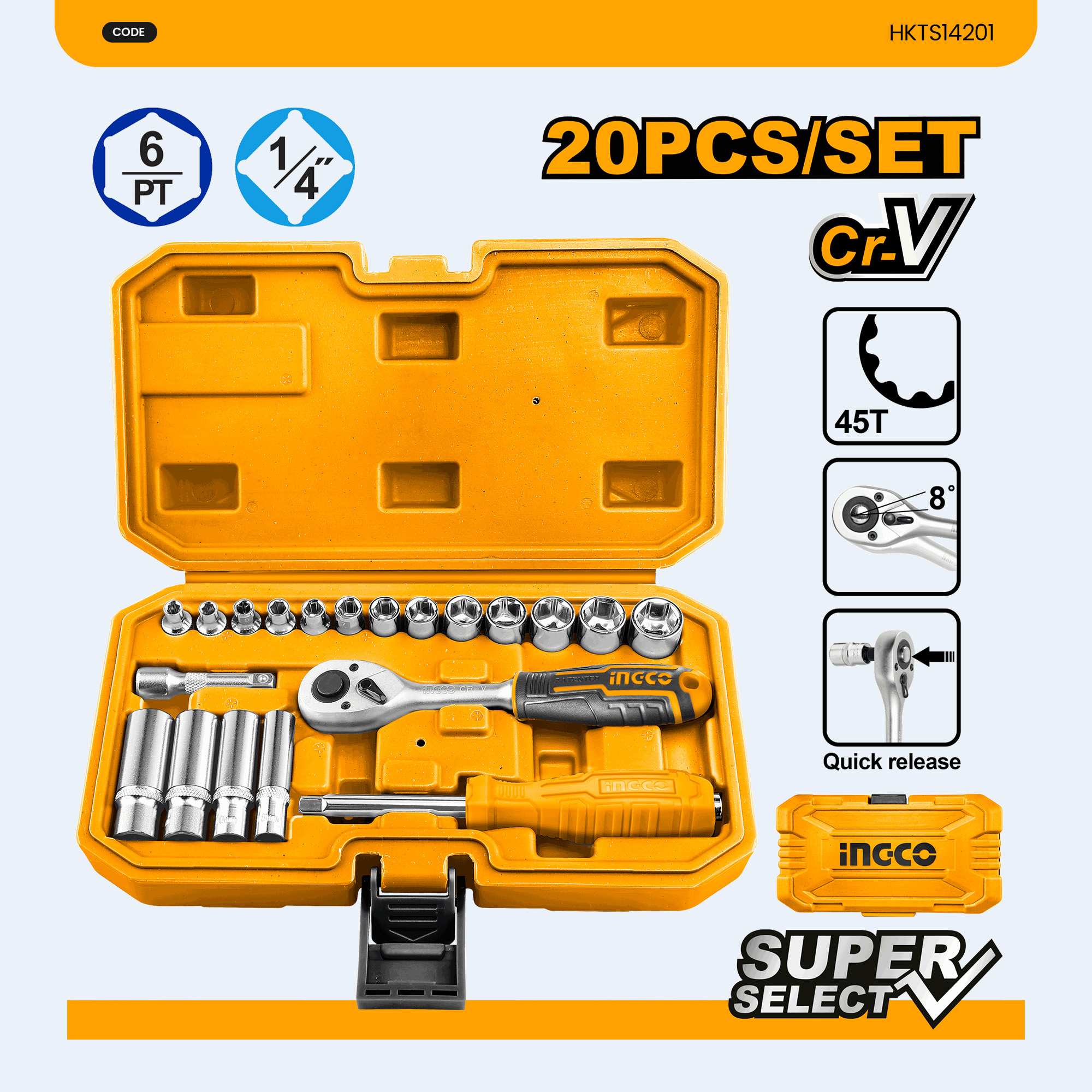 INGCO 20PCS Socket Set Quick Release Reversible Ratchet With Socket Set ...