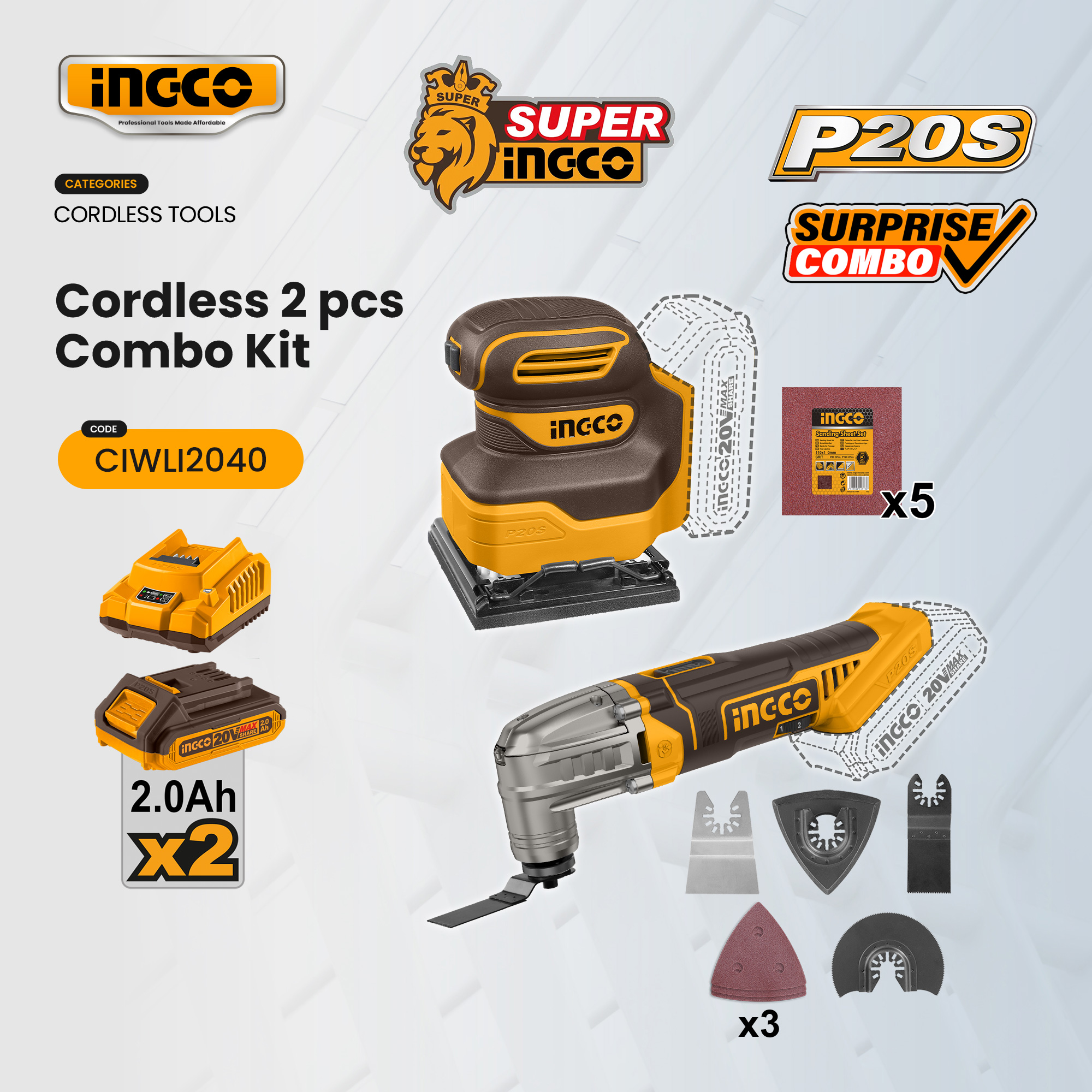 Ingco 20V Cordless 2pcs LithiumIon MultiTool Sheet Sander Combo
