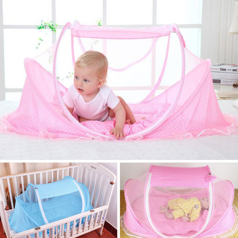 Foldable Baby Bister For Baby In Dotted Design Pink Color With Mosquito Net main image 1