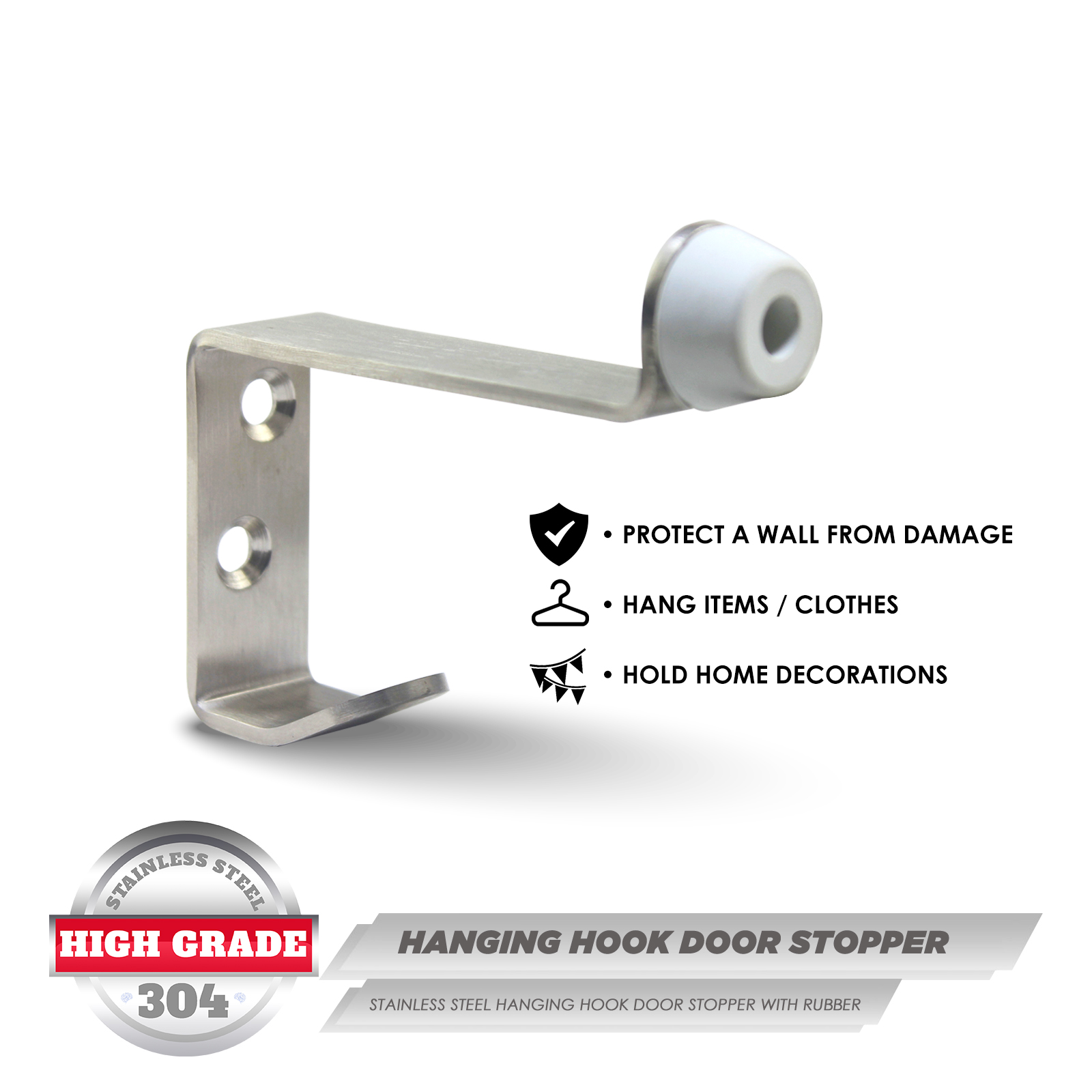 Stainless 304 Robe Hook w/ Rubber Door Stopper Heavy Duty Coat Hook ...