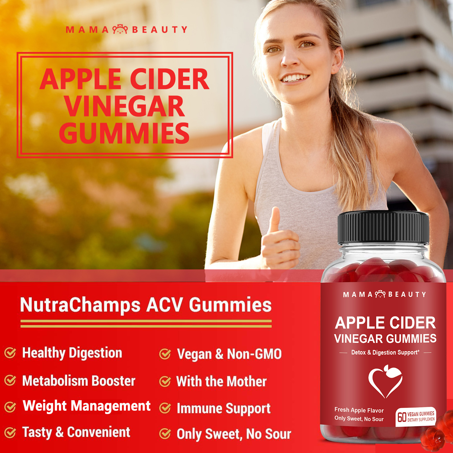 Mama Beauty Apple Cider Vinegar Gummies Health Slimming Gummy Weight Control Vitamin Gummy 60pcs 1645