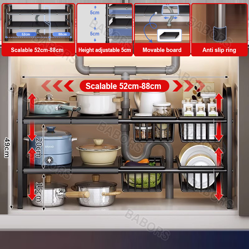 Under Sink Kitchen Rack Expandable Cabinet Shelf Organizer Rack with ...