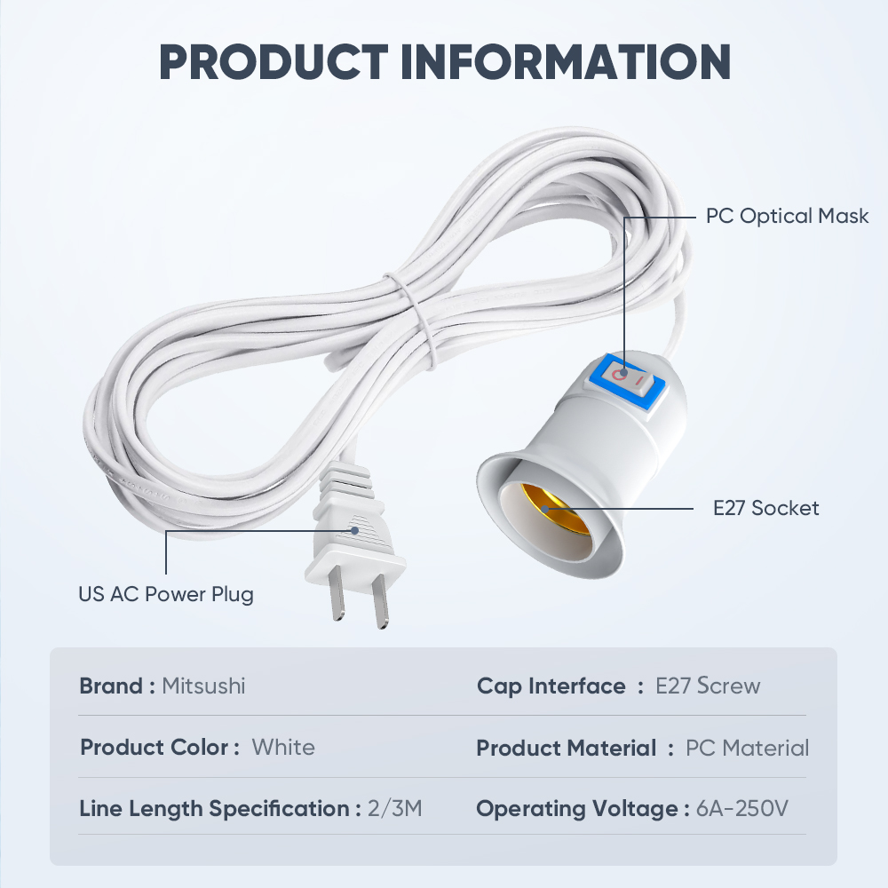 Mitsushi LED Light Bulb Extension Socket E27 bulb lamp socket 2M/3M ...