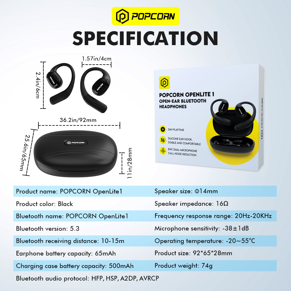 POPCORN Open Ear Bluetooth Headphones Wireless Earbuds Sport Over ...