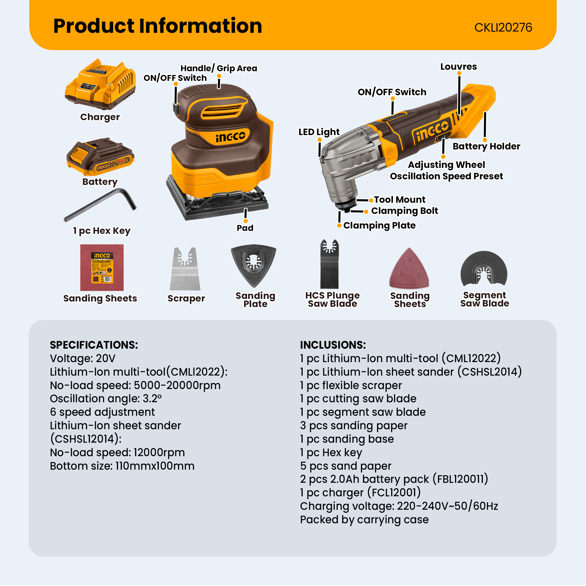 Ingco 20V Cordless 2pcs LithiumIon MultiTool Sheet Sander Combo